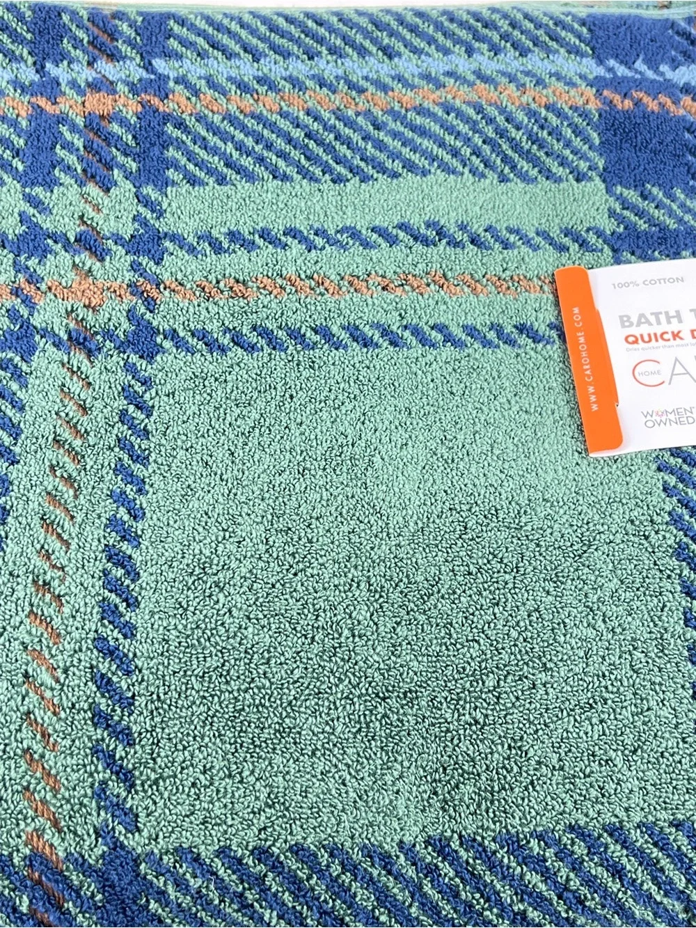 Caro Home Bath Towels Green Navy  Rust Plaid Quick Dry Soft Cotton 2 Pc NEW